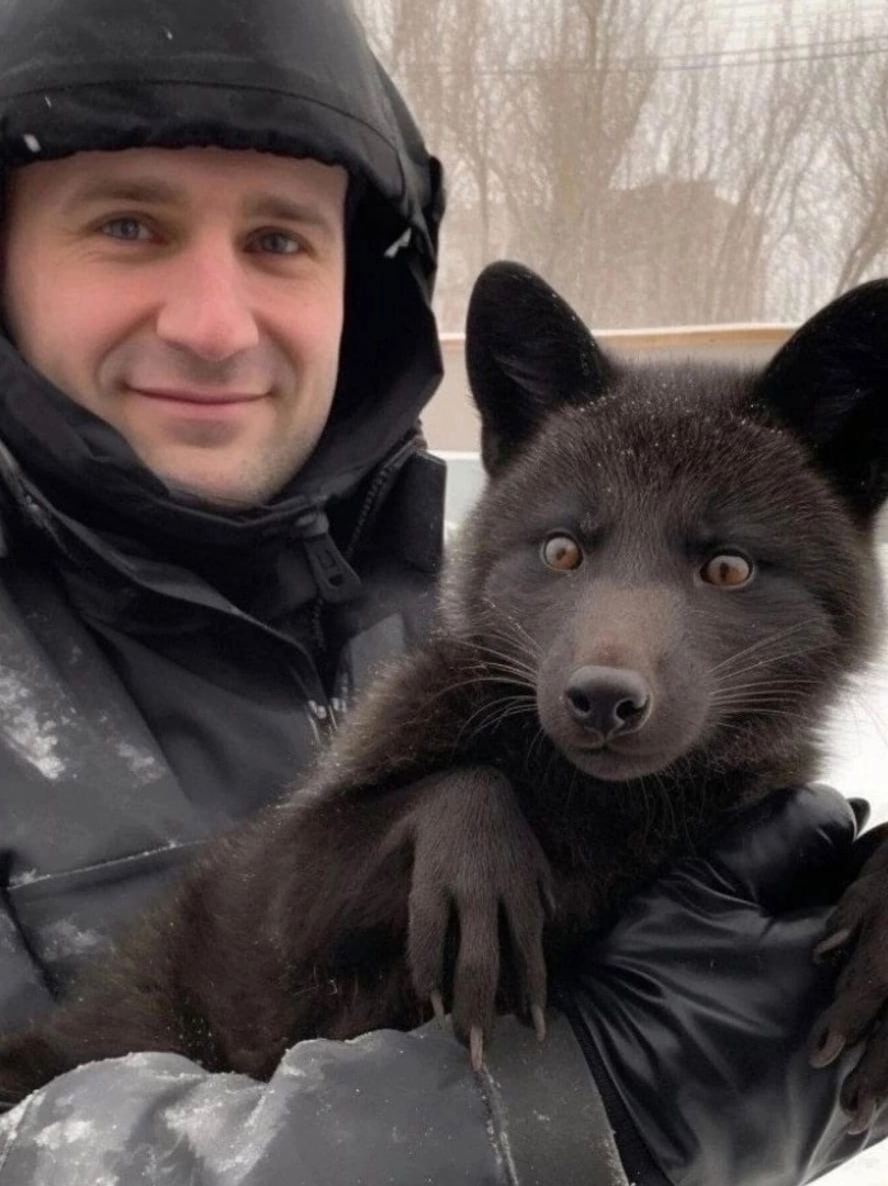 В Сургутe местные нефтяники встретили редкого чёрного лиса